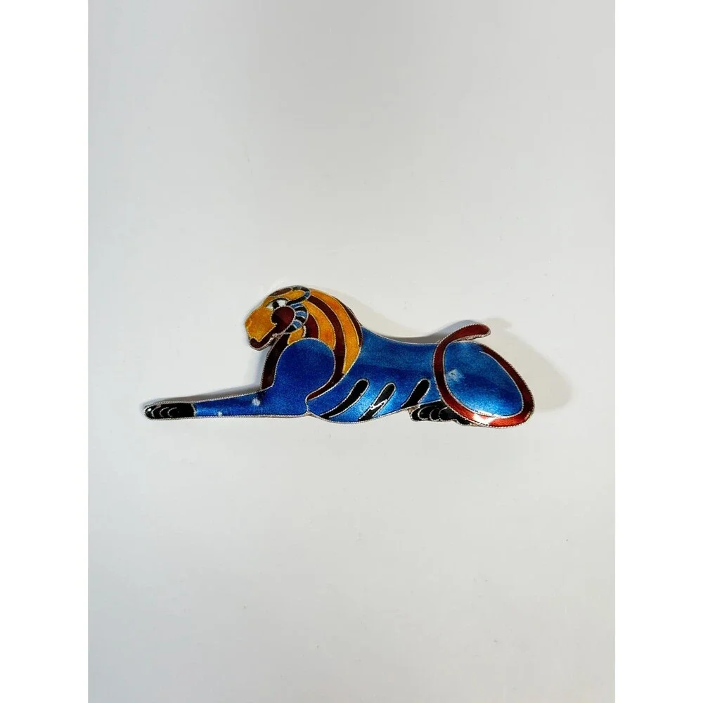 Vintage S925 Sterling Silver Cloisonne Enamel Lion Brooch Pin